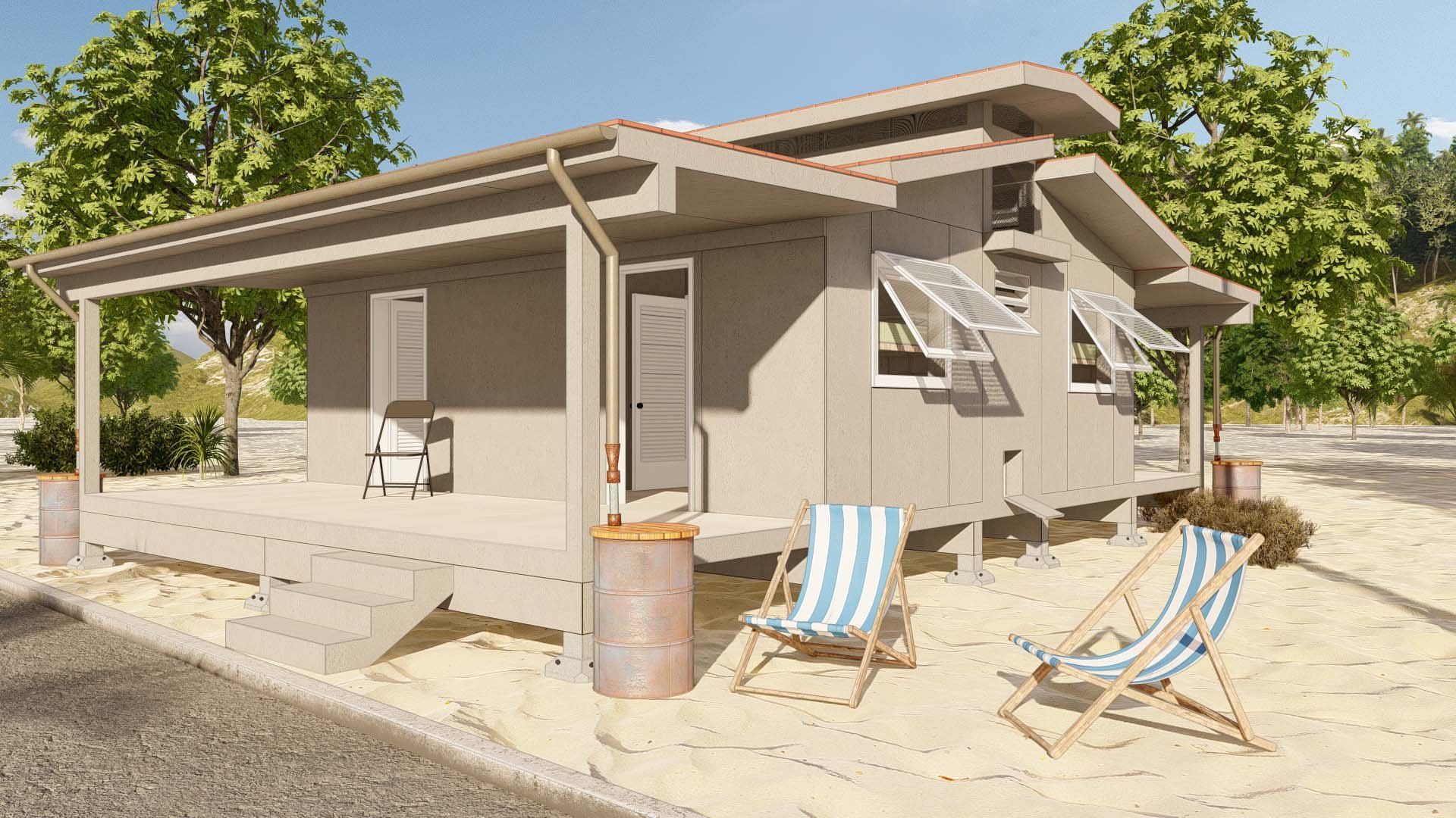 Front view, 8x8' Duplex Cabins, back-to-back, for 4-total units and shared composting toiles in between