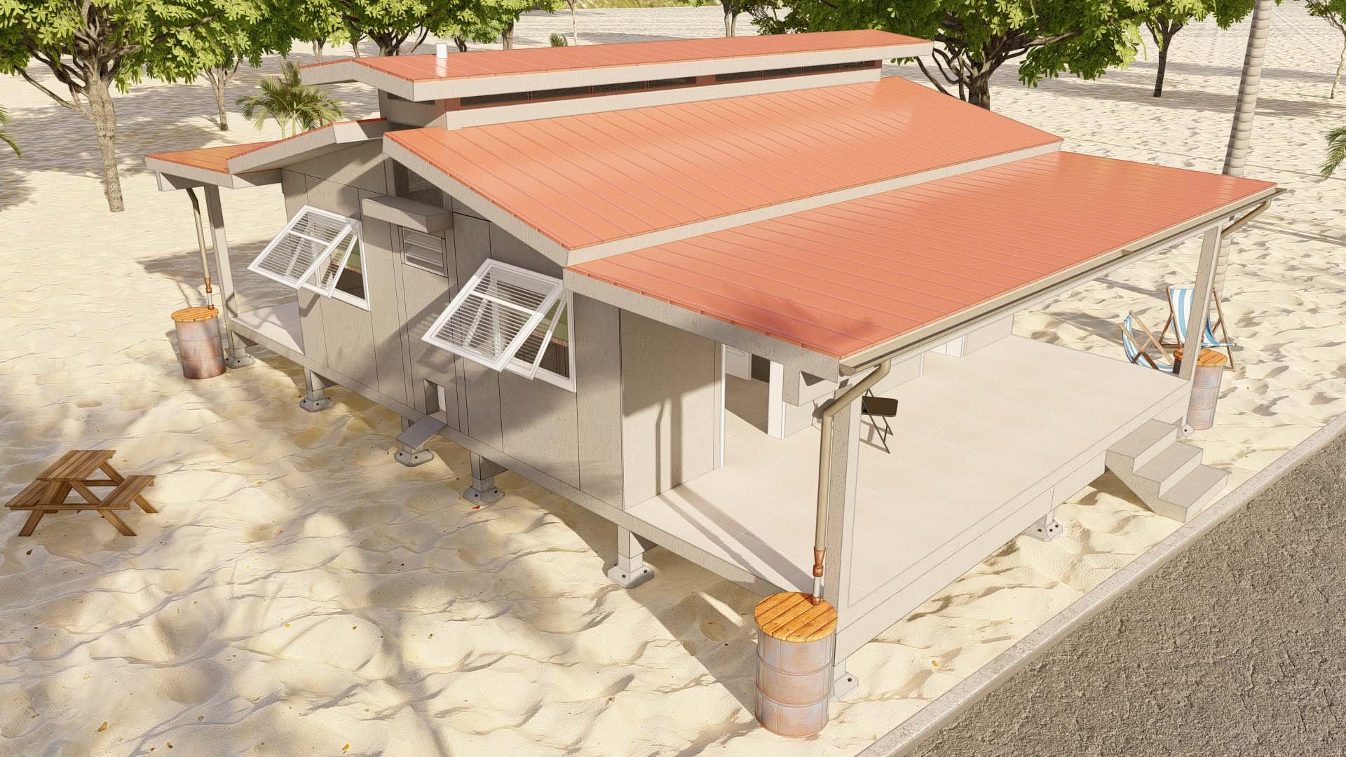 Aerial view, 8x8' Duplex Cabins, back-to-back, for 4-total units and shared composting toiles in between