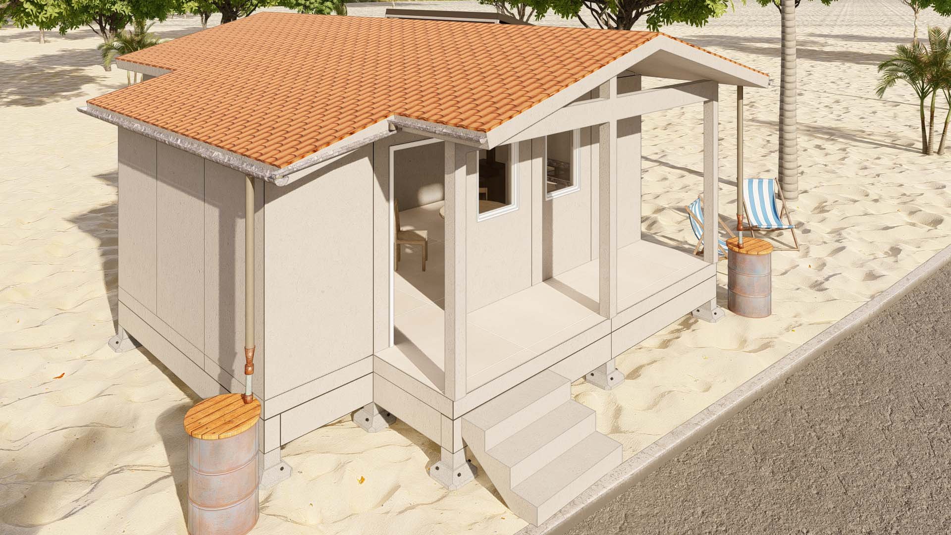 Aerial view, 16x12' cabin with attached toilet room