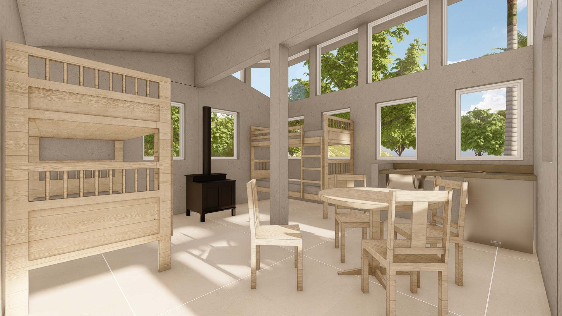 Interior view, 12x20' Cabin with clerestory windows for passive solar gain in winter and ventilation in summer, with small entry deck