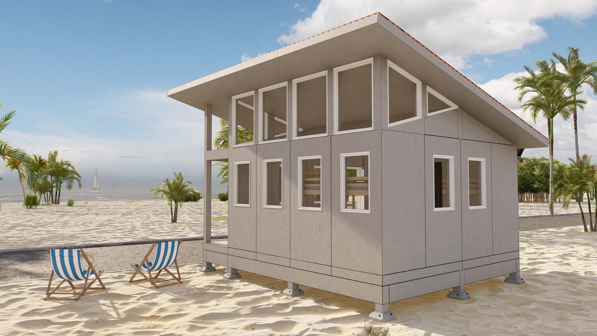 12x20' Cabin with clerestory windows for passive solar gain in winter and ventilation in summer, with small entry deck