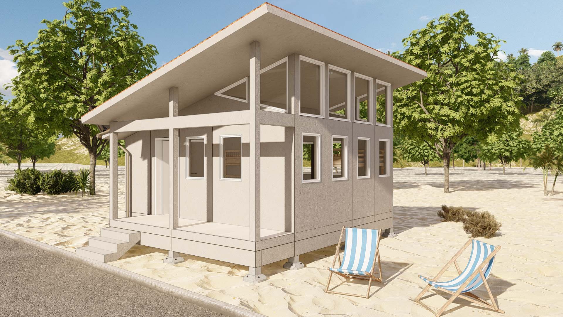 Deck view, 16x16 Cabin with clerestory, attached bathroom and water collection system