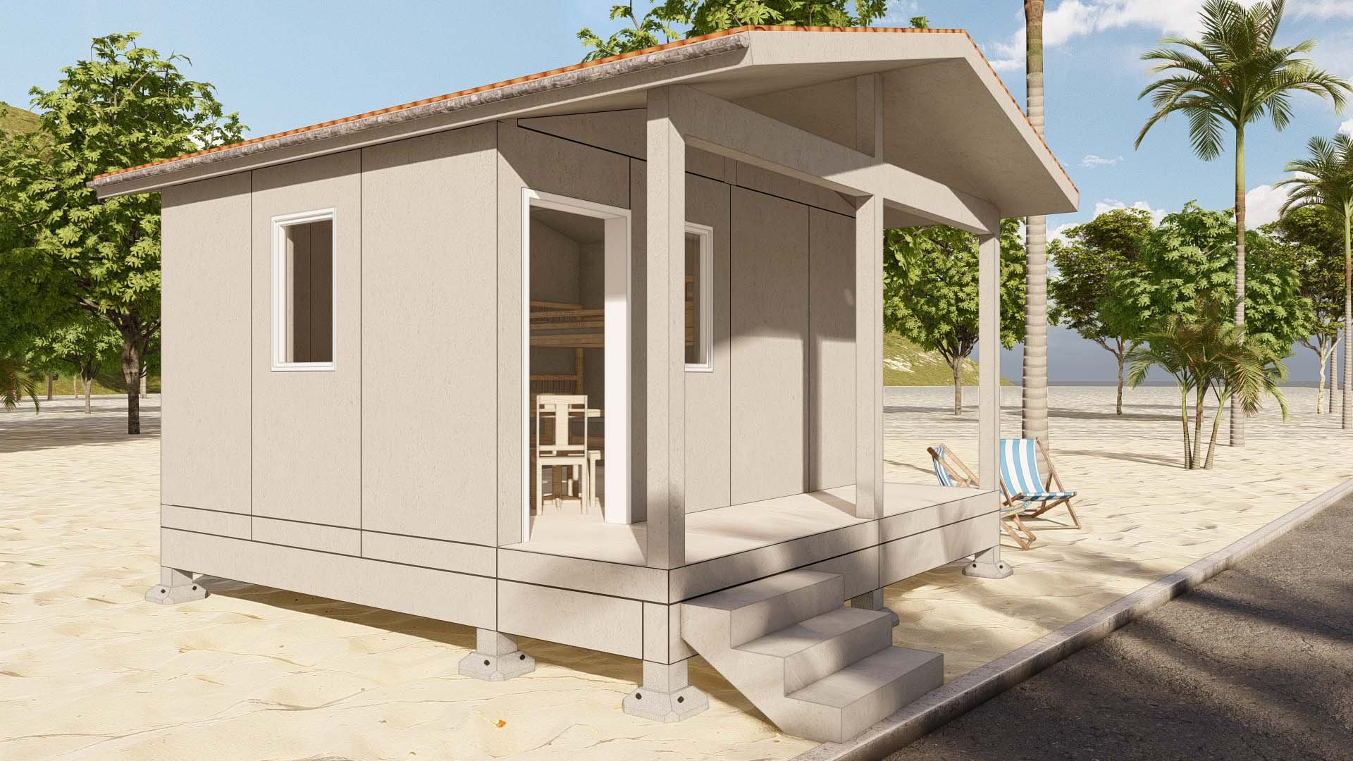 Ground level view of 12x16' cabin with covered porch&nbsp;