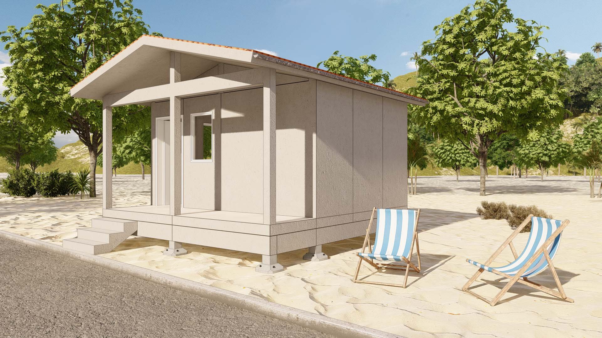 Ground level view, 16x12' Cabin with gable roof