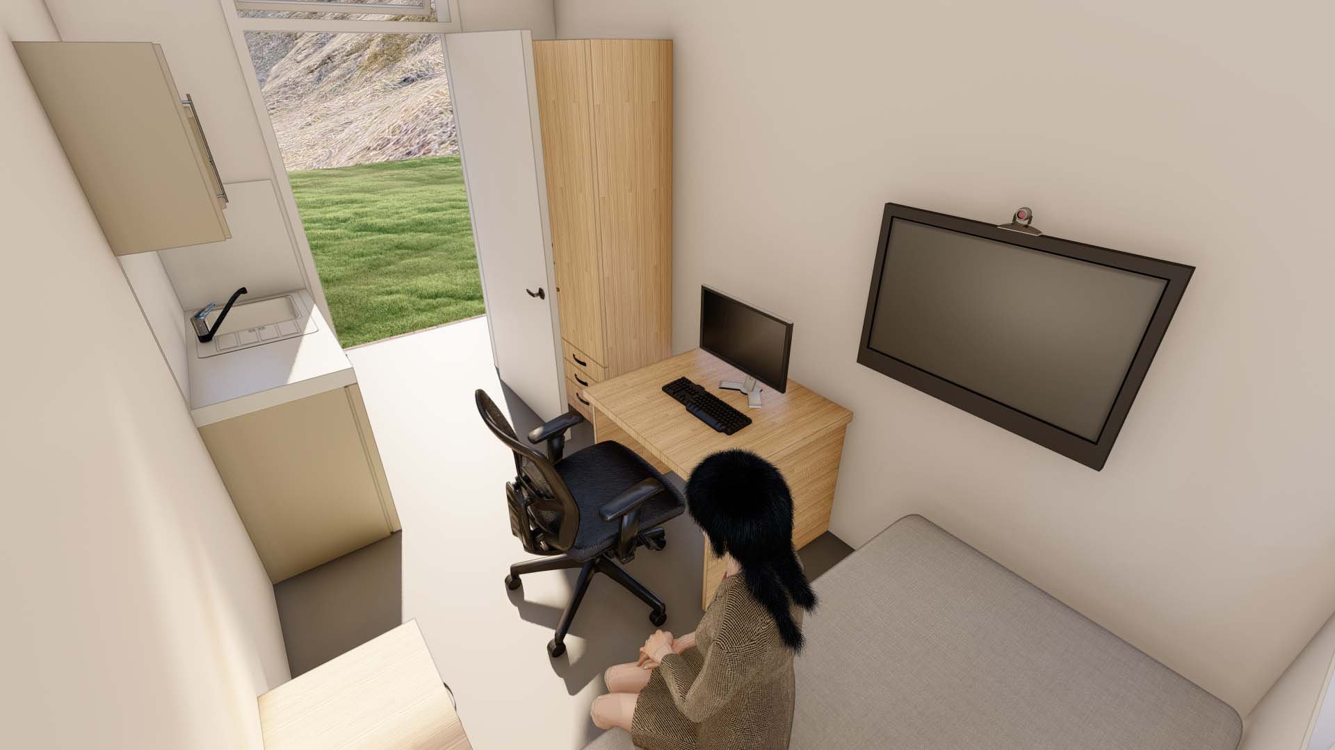 High, interior view of 8x12' Homeless Shelter looking towards entry