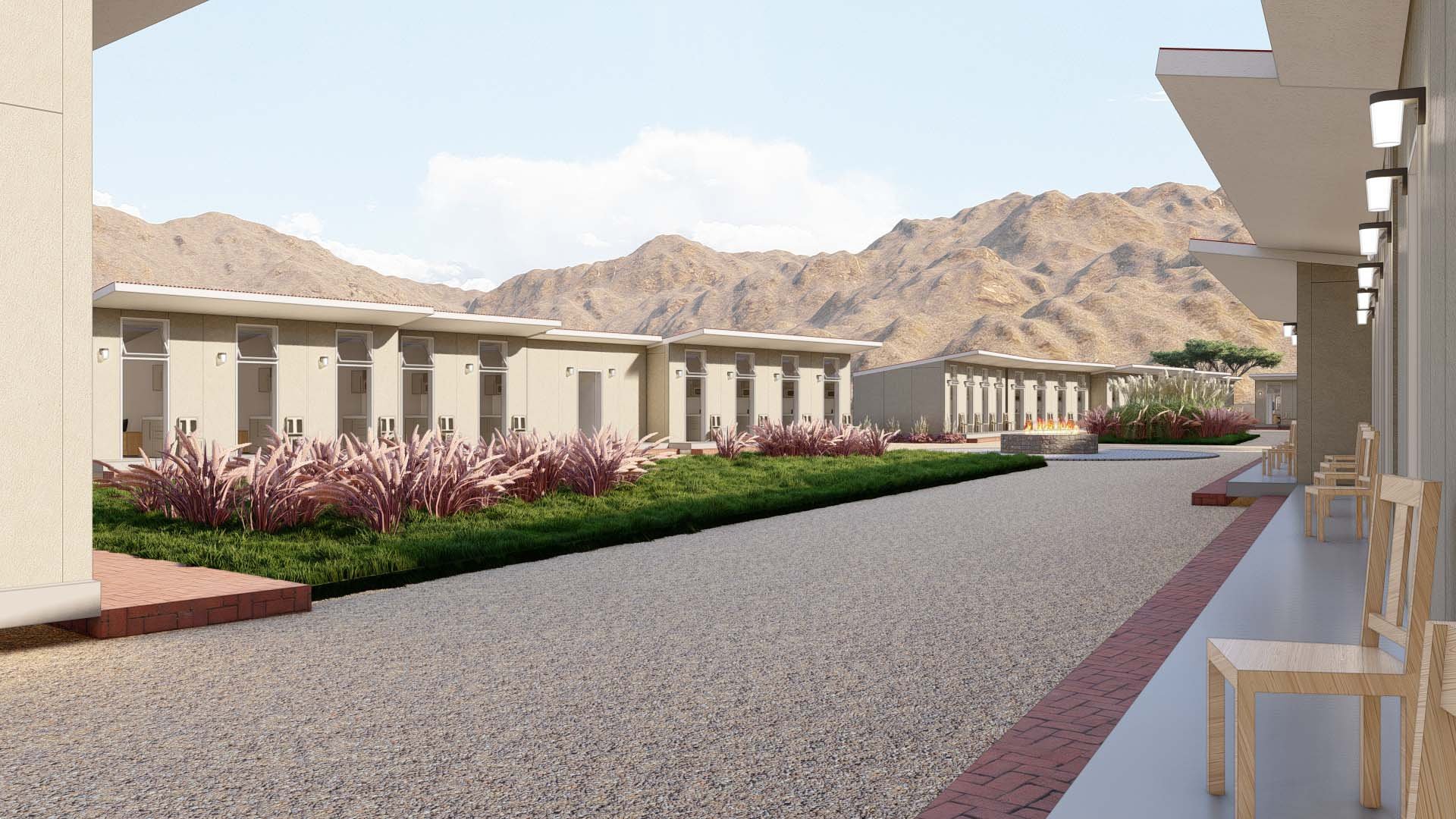 Row of individual 12x16' Homeless Shelters with Common Area