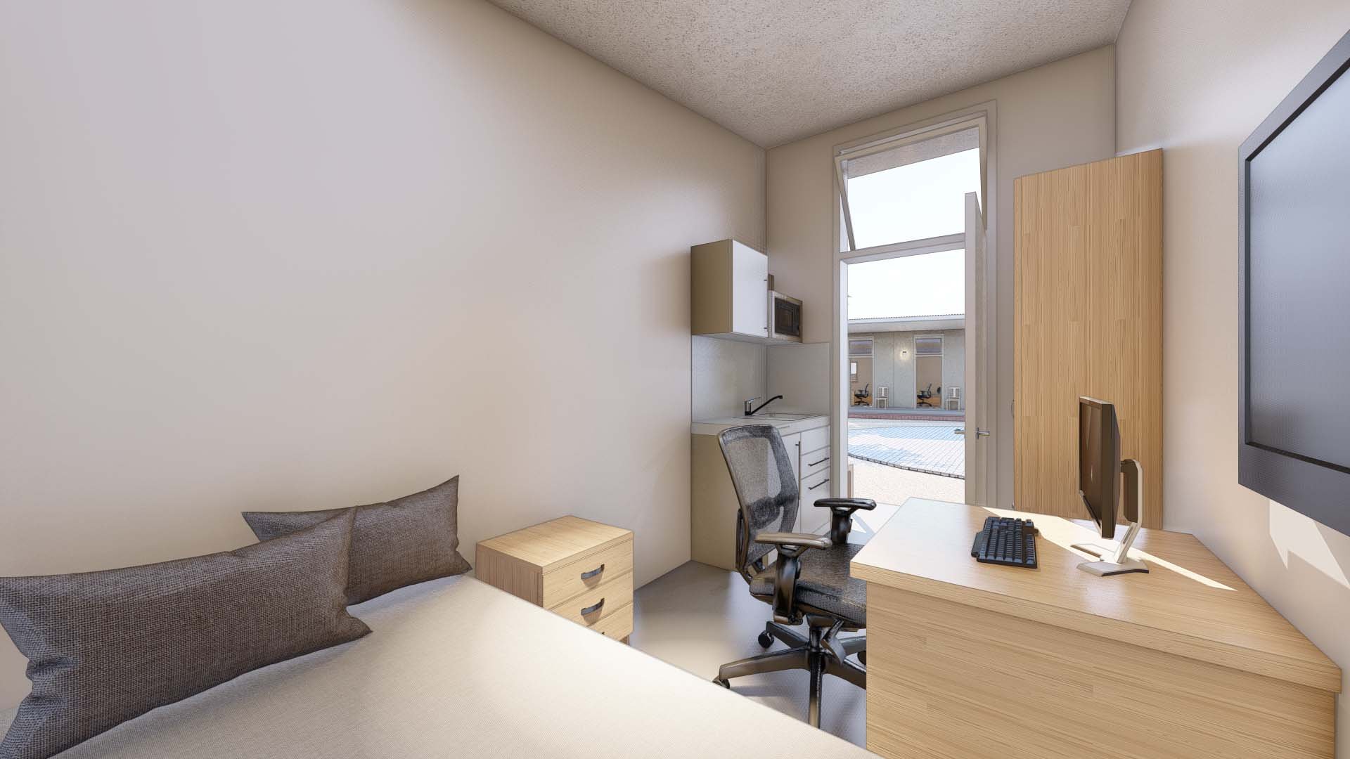 Interior view towards entry of 8x12' Homeless Shelter