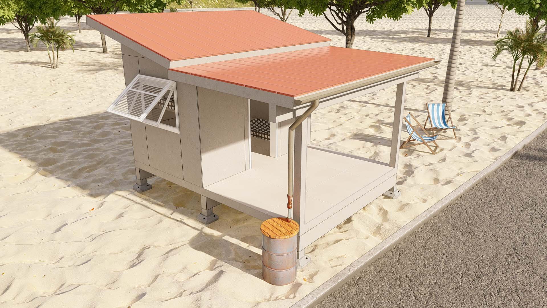 Aerial view, 8x12' Cabin with water collection drum