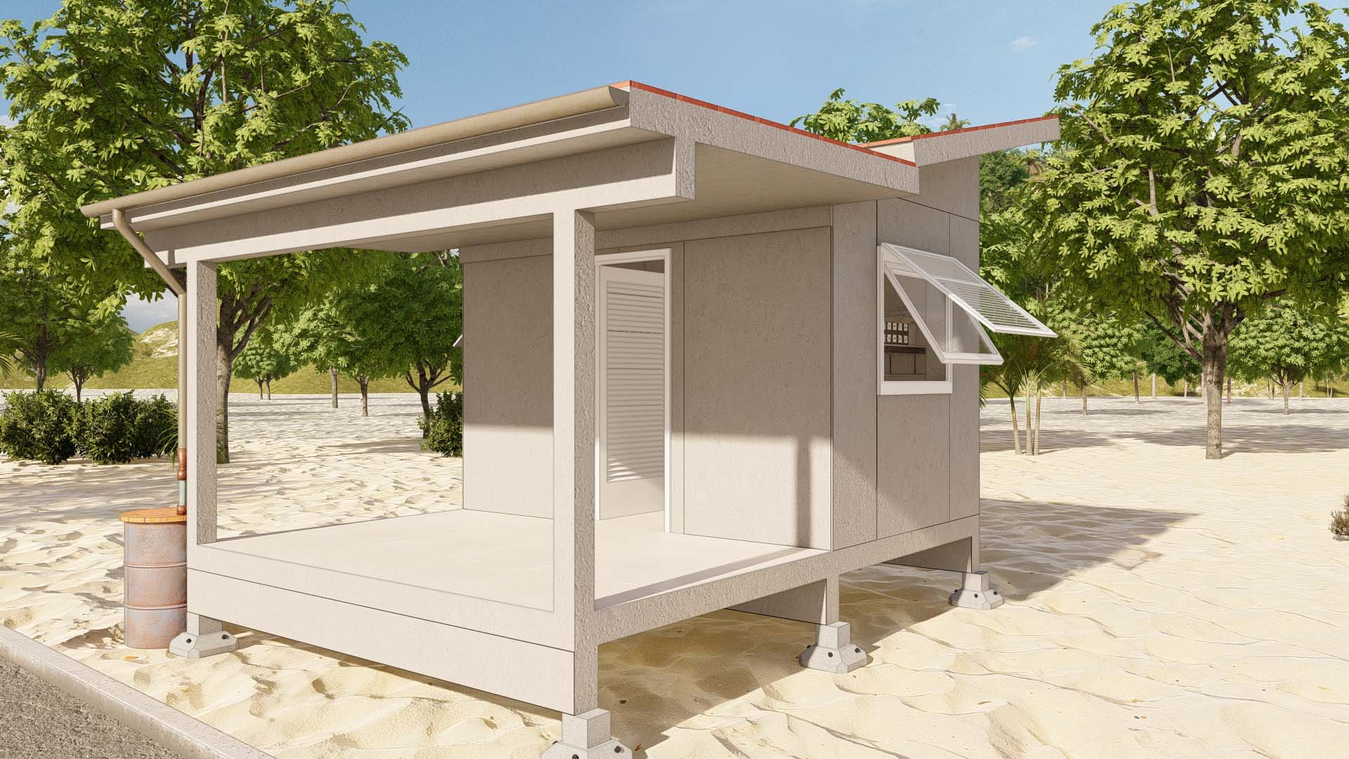 Ground level view, 8x12' Cabin with water collection drum