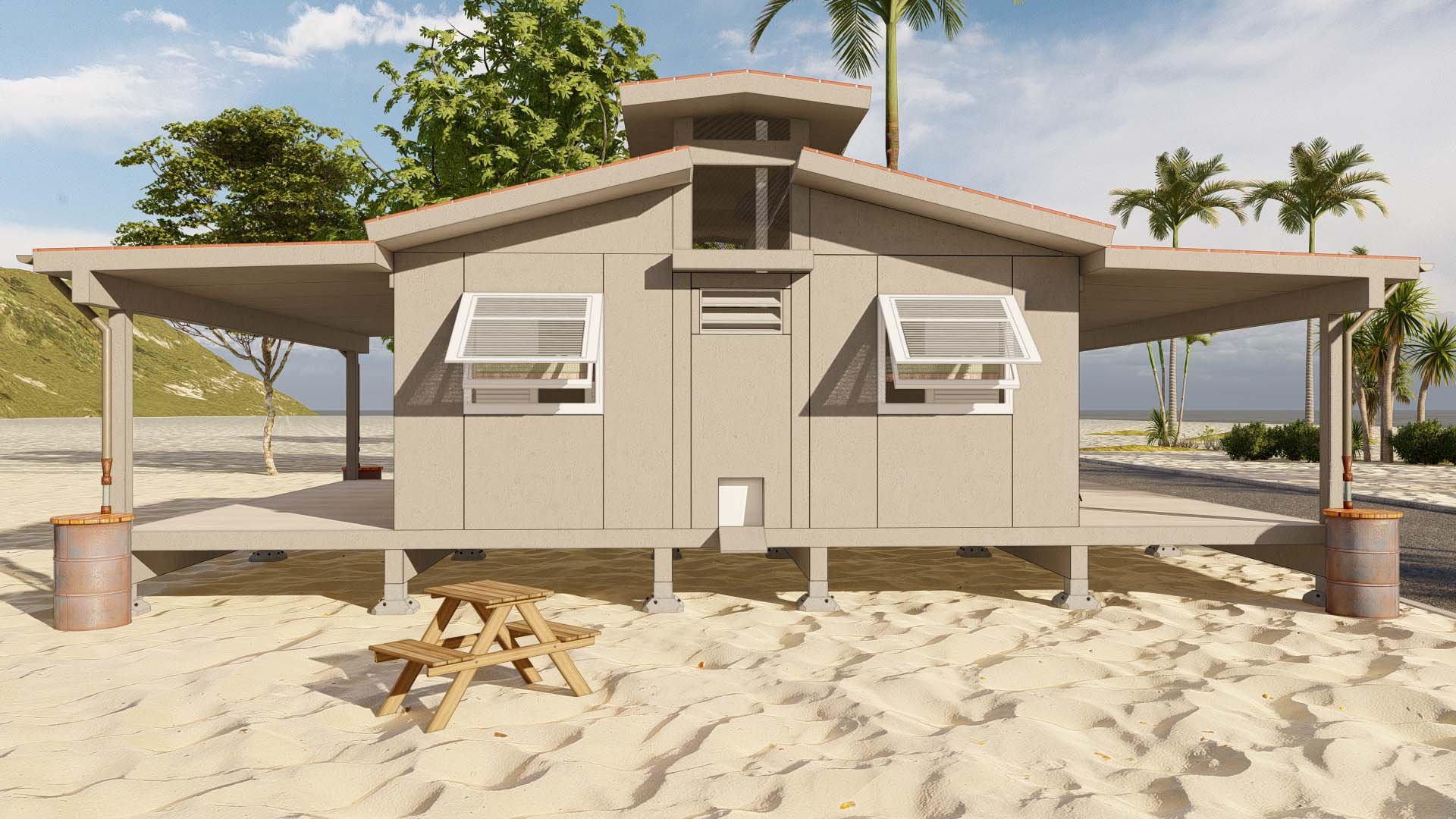 GSide view, 8x8' Duplex Cabins, back-to-back, for 4-total units and shared composting toiles in between