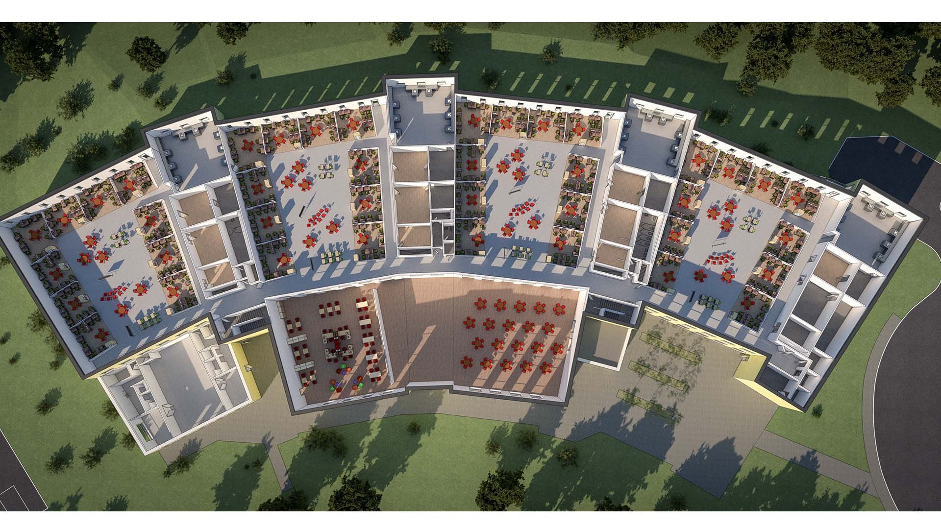 2nd Level Floor Plan, Zoo School by Bruce Jilk, showing Family and Neighborhood Units forming the School, with a Central Resource and Activity Center