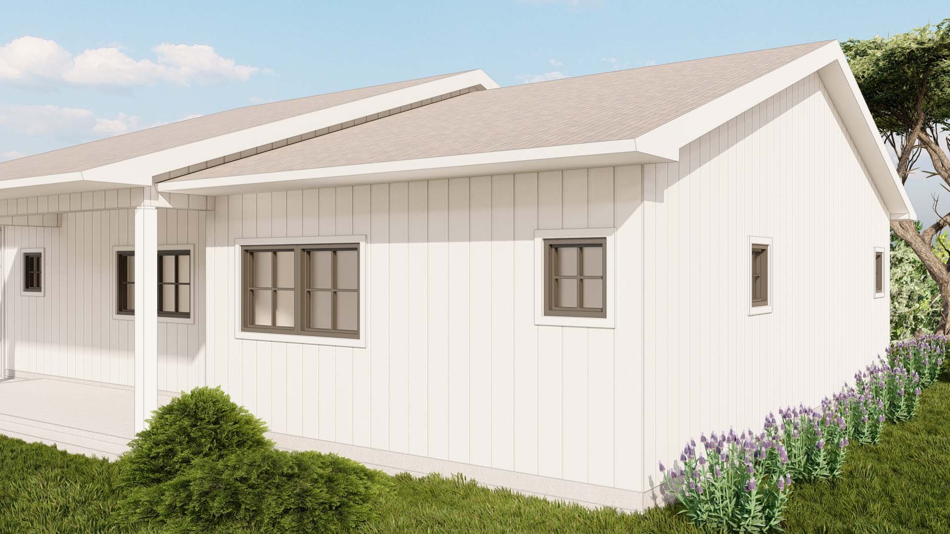 vertical board siding used as the exterior finish material.