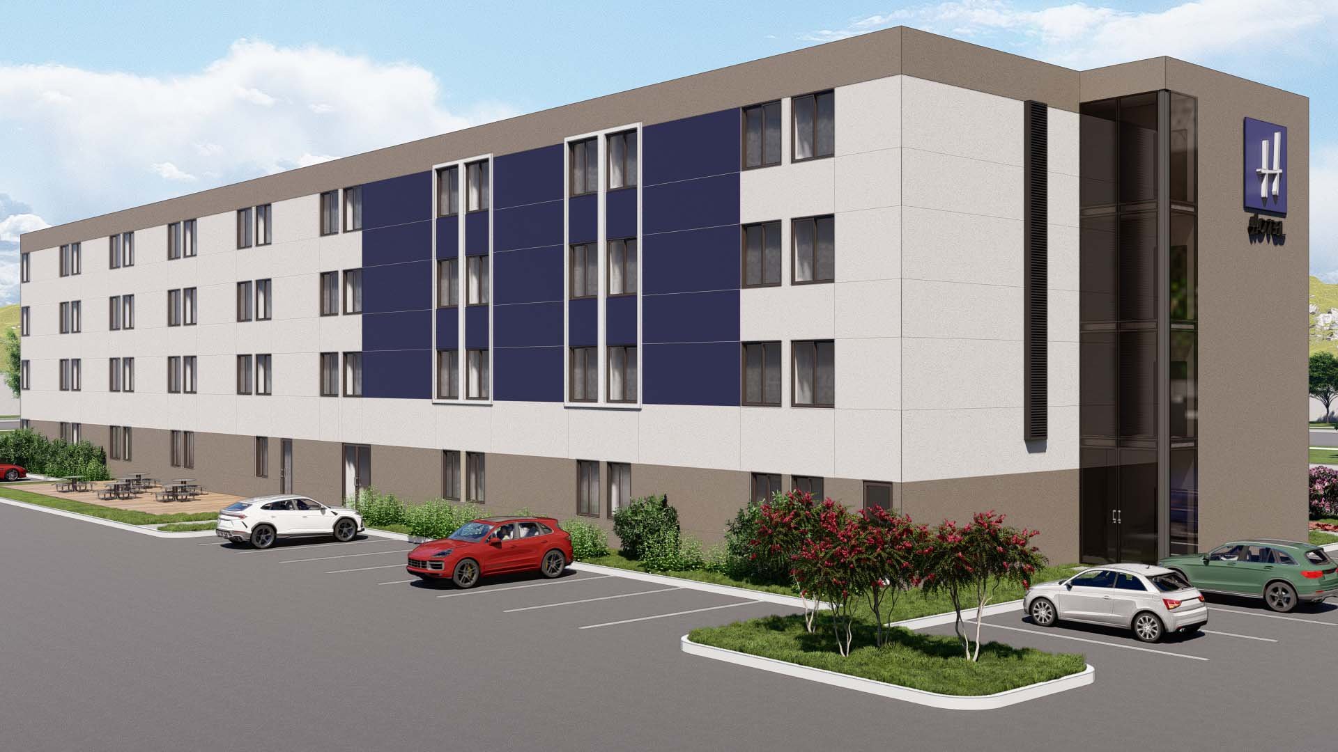 Rear View, Prototypical 4-story Hotel using Simplus Panels