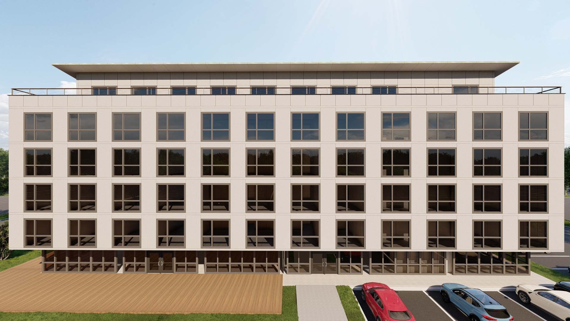 Front Exterior Elevation, Prototypical 6-story Hotel using Simplus Panels