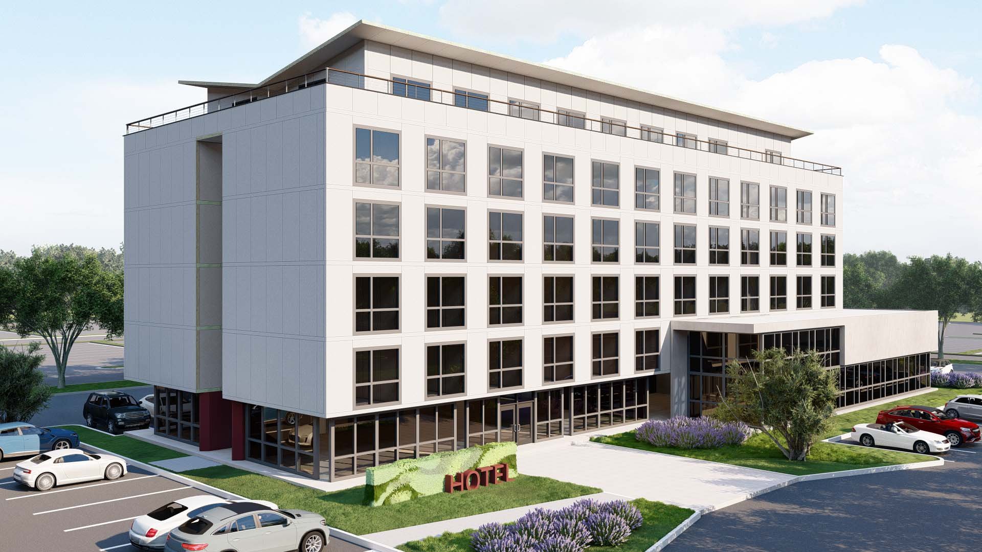 Perspective View, Prototypical 6-story Hotel using Simplus Panels & Alternate Exterior Color Scheme