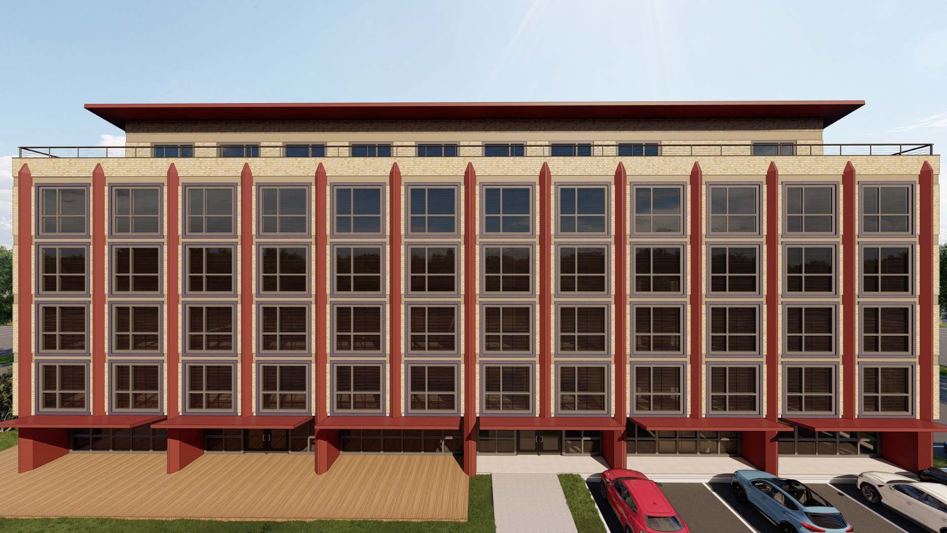 Frontal View, Prototypical 6-story Hotel using Simplus Panels