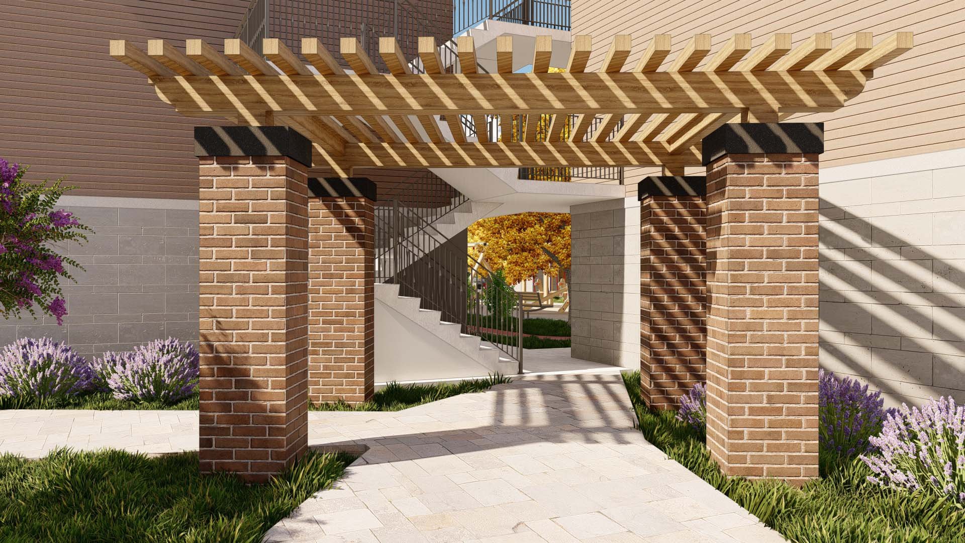 Entry Trellis, 3-Story, 48-Unit "Passive House" Apartments