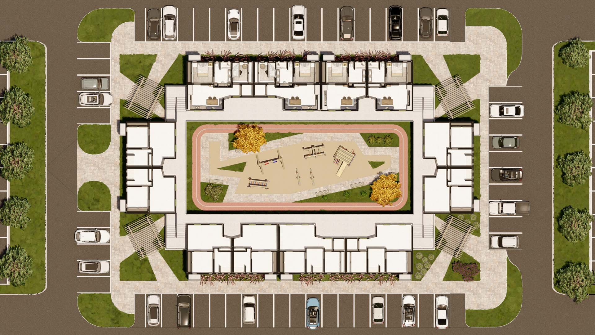 Typical Floor Plan, 3-Story, 48-Unit "Passive House" Apartments with Central Courtyard